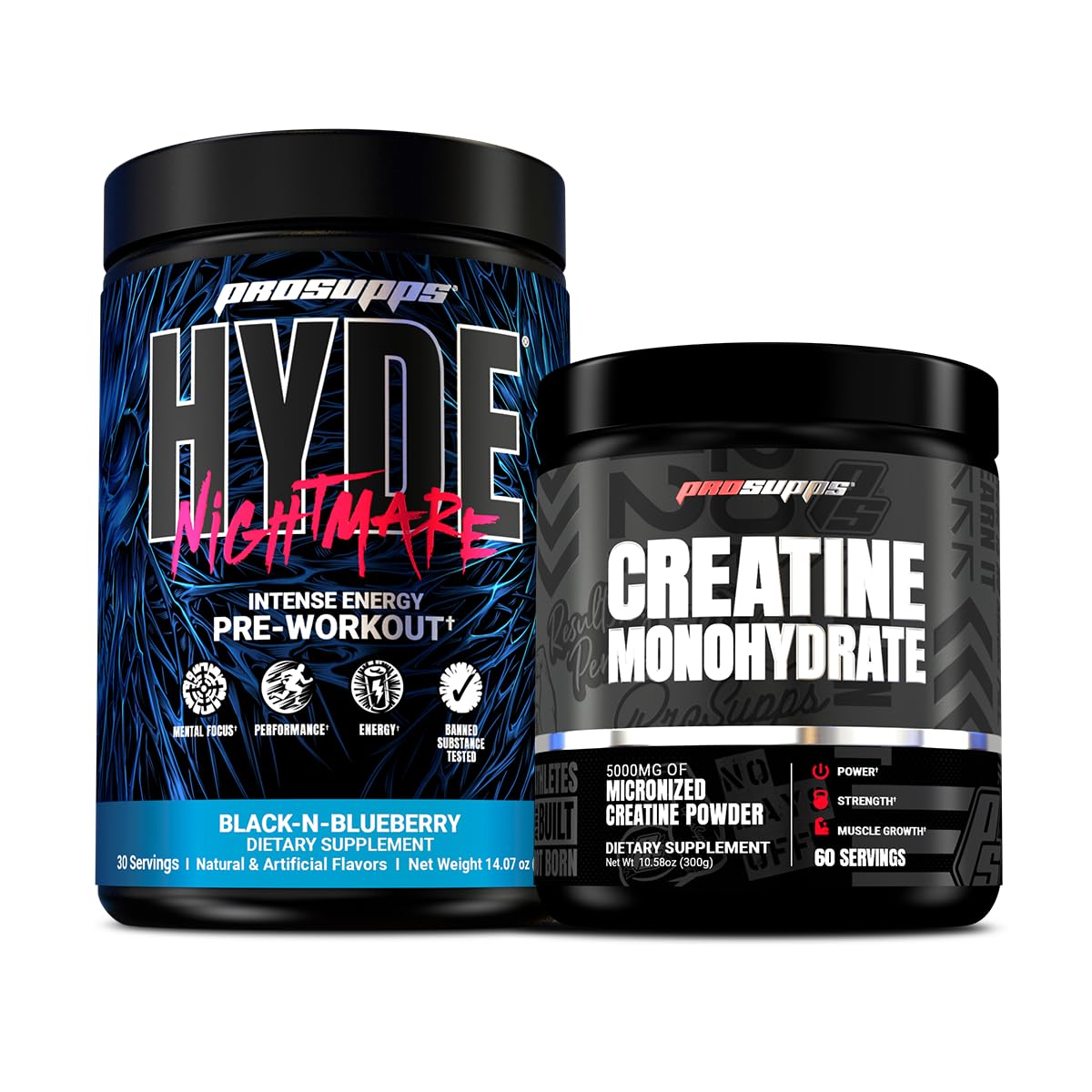 PROSUPPS Hyde Nightmare Intense Energy Pre-Workout, Black N' Berry, and Creatine 300 Bundle