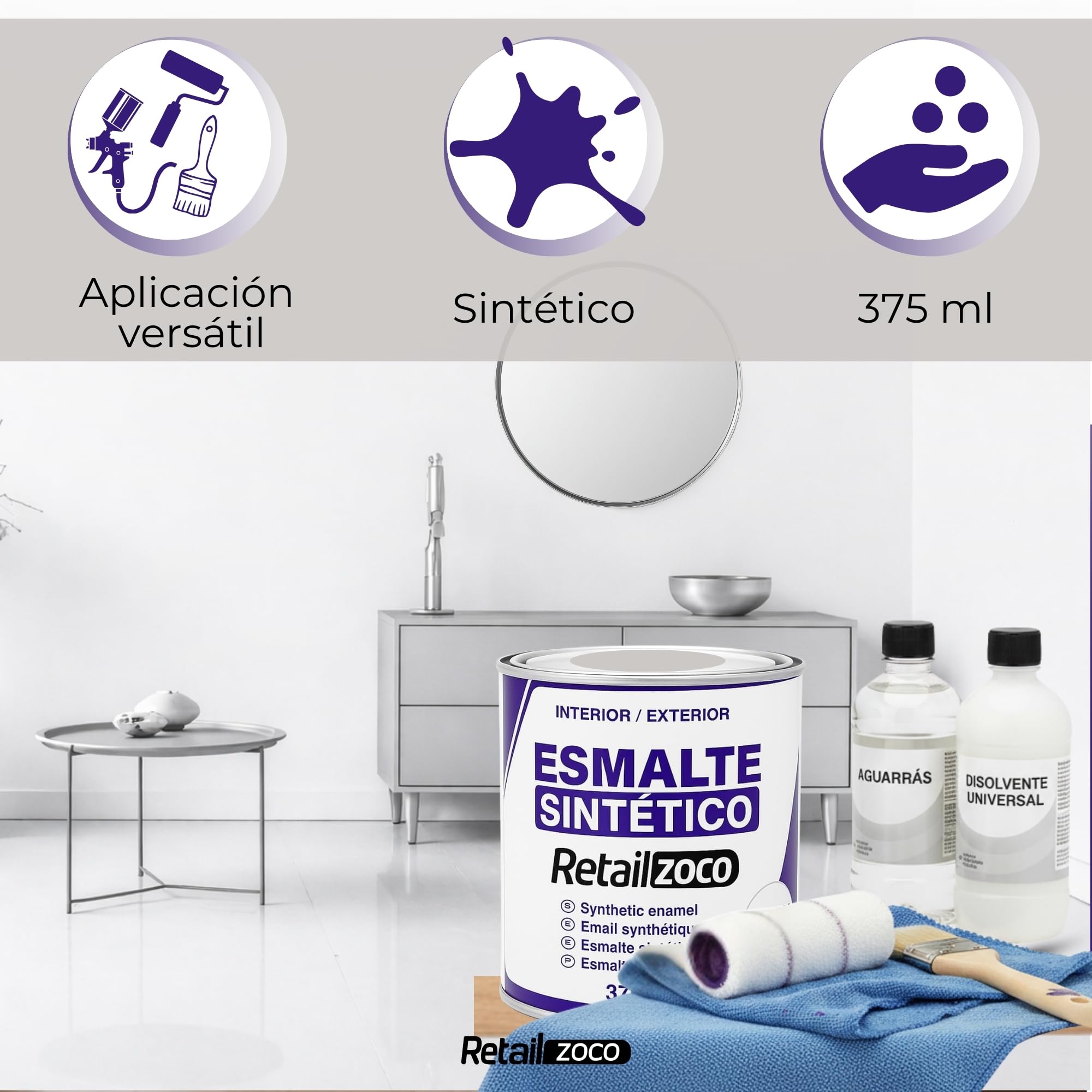 Esmalte Sintético, Pintura Esmalte, synthetic enamel, Uso en maderas y metales, Apto para interior/Exterior, Contiene 375 ml, Color Aluminio - imagen 5