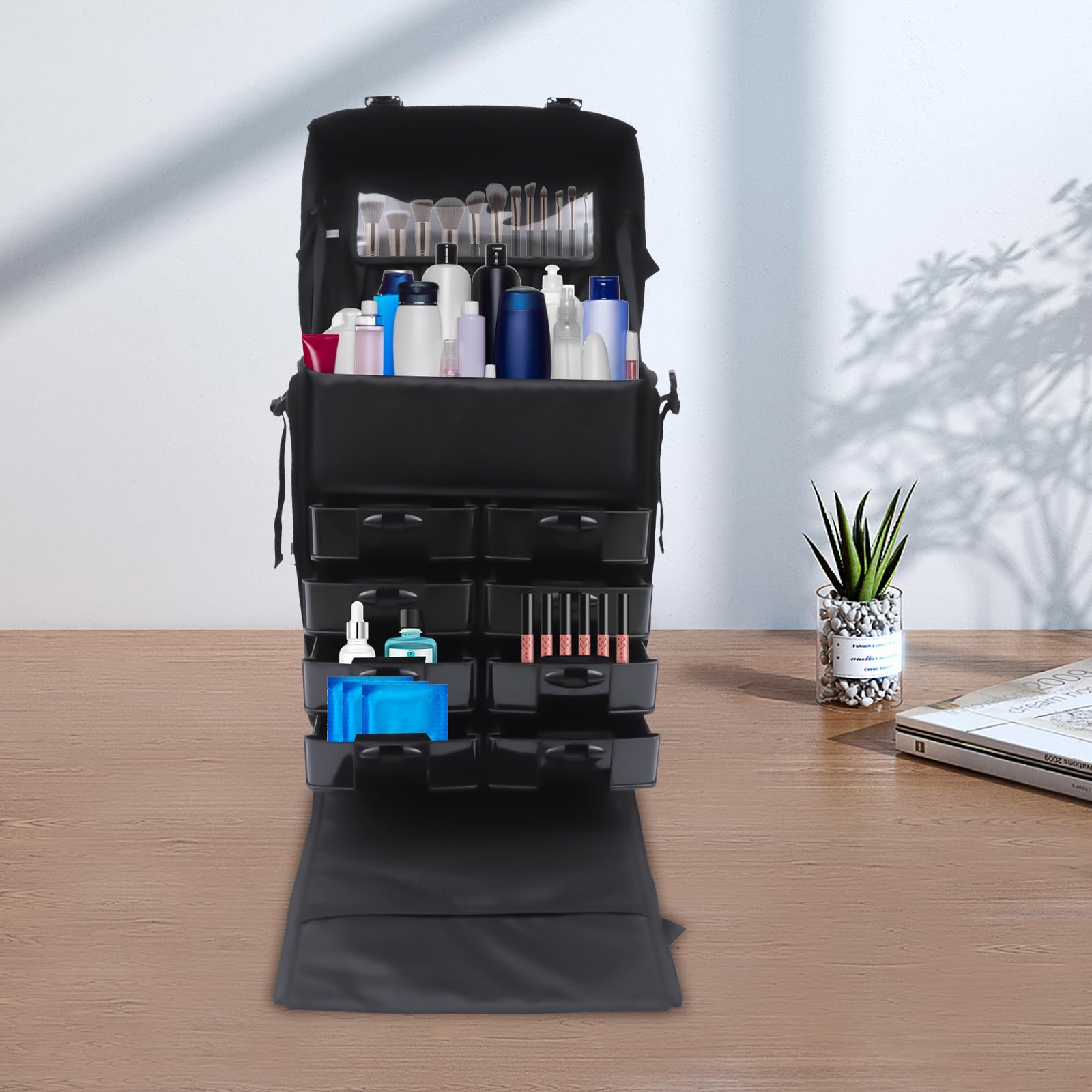 Beauty Case 2 in 1, in nylon, trucco professionale con scomparti multifunzionali, beauty trolley, valigetta superiore con tracolla regolabile, custodia inferiore con ruote universali, Nero , \