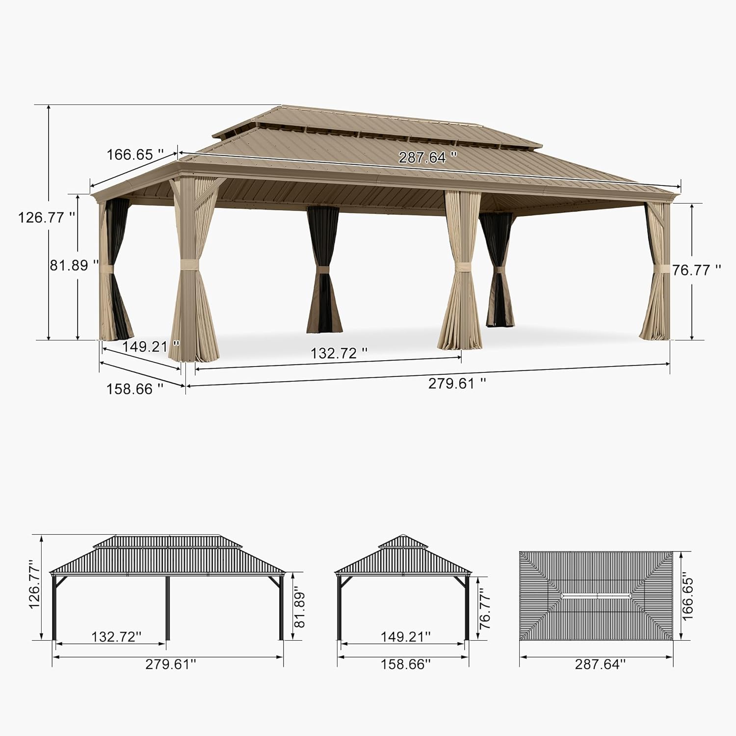PURPLE LEAF Outdoor Gazebo 14'X24'，Champagne Hardtop Gazebo with Galvanized Steel Double Roof, Permanent Patio Gazebo with Curtains and Netting for Patio Lawn Garden and Deck