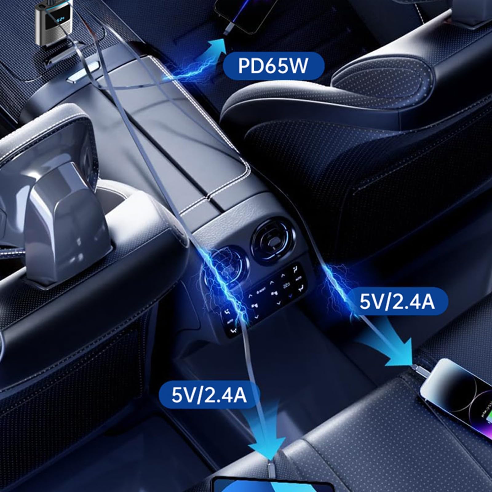 Caricabatterie da auto retrattile da 65 W 3 in 1 USB C Ricarica rapida Protezione di ricarica intelligente ABS per tutti i telefoni e sistemi operativi Telefoni Display elettrico Caricatore