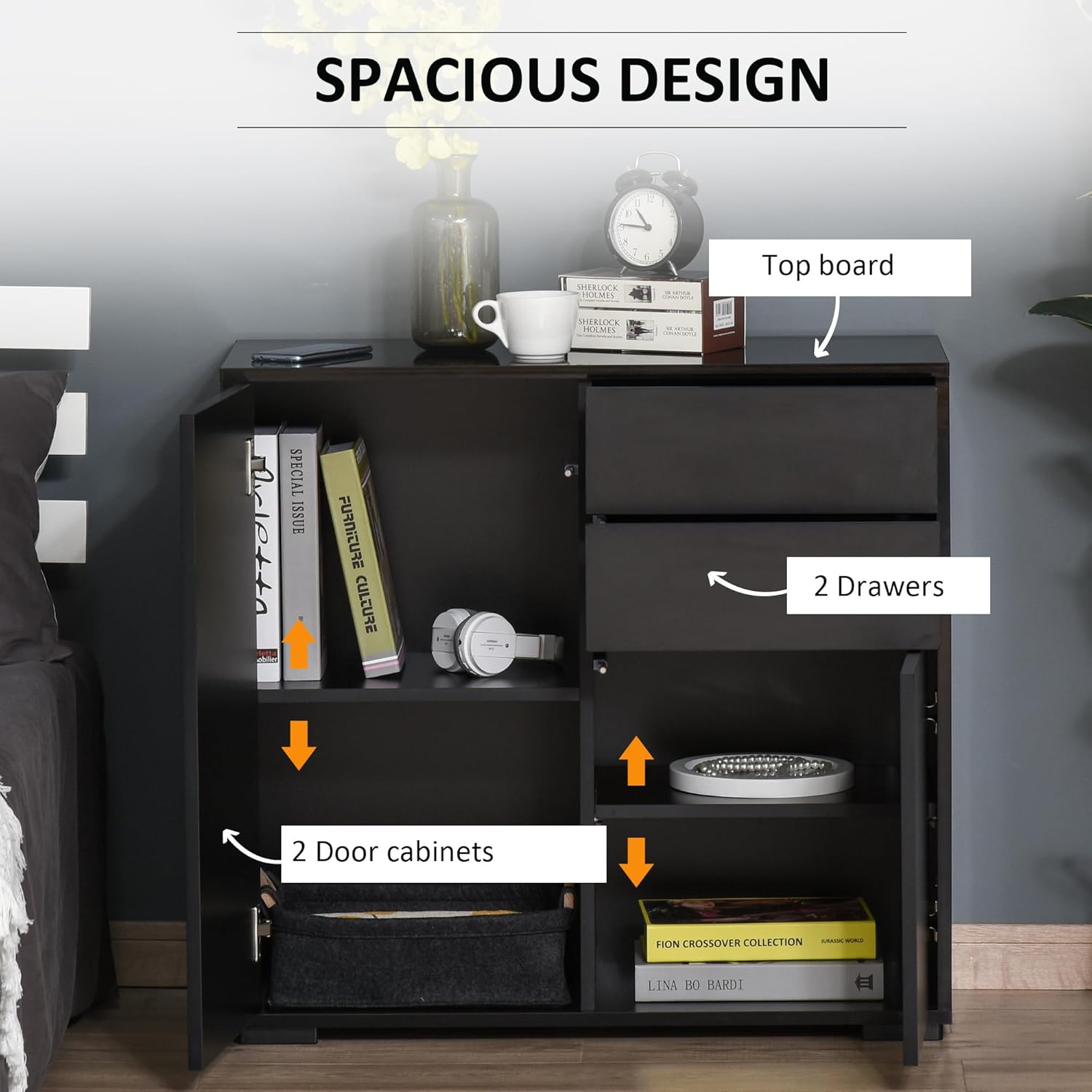 HOMCOM High Gloss Buffet Sideboard with Drawers, Door Cupboards and Adjustable Shelf, Kitchen Storage Cabinet with Push to Open Design, Black