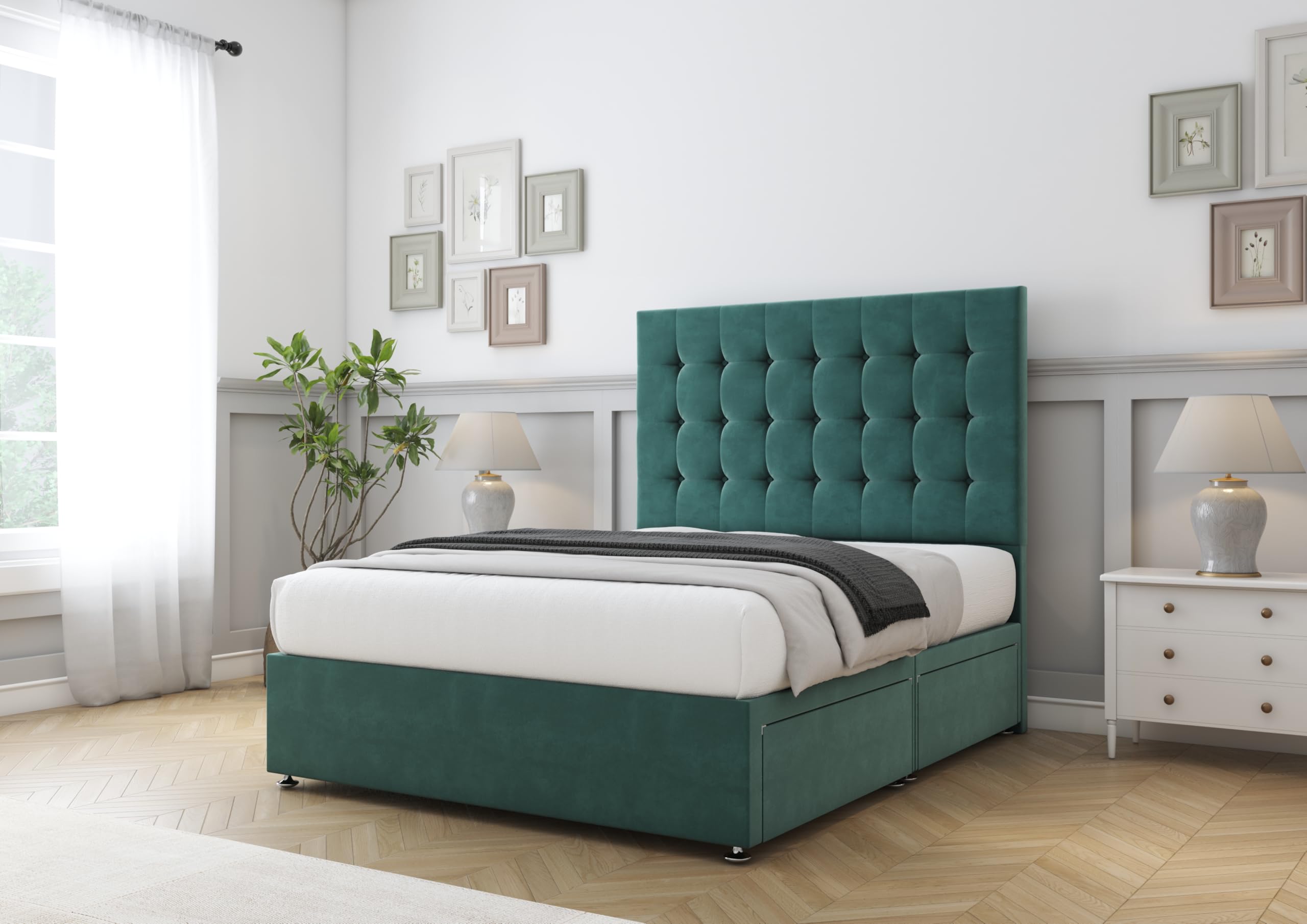 Comfort Beds Savanah Divan Base with No Drawers and Matching 26 inches Headboard without Mattress (Plush Emerald, 4FT Small Double)