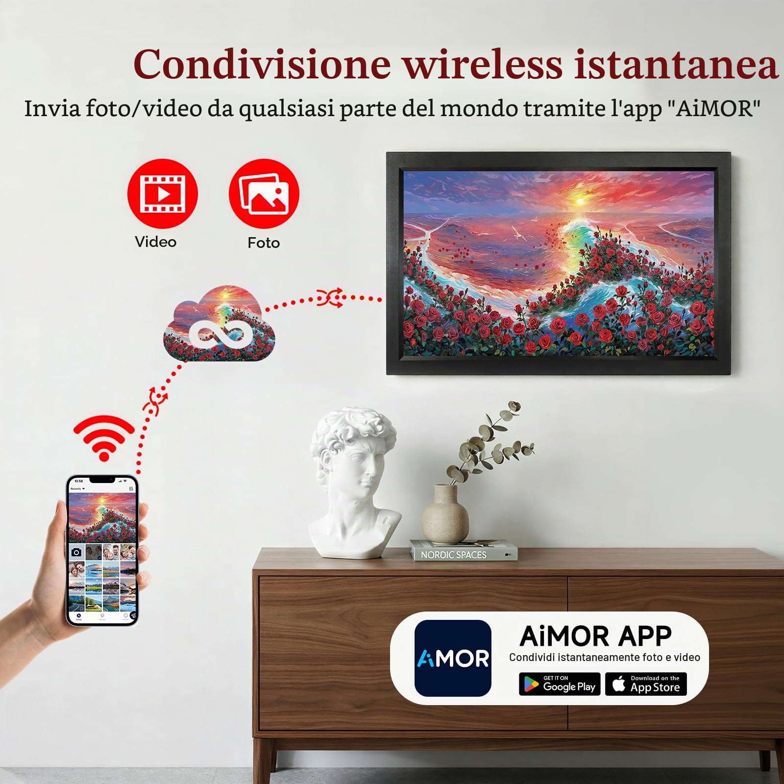 cornice Digitale WiFi 15,6 pollici, 64 GB, 1920 x 1080 FHD IPS Touchscreen, elettronica rotazione automatica, montabile a parete/tavolo