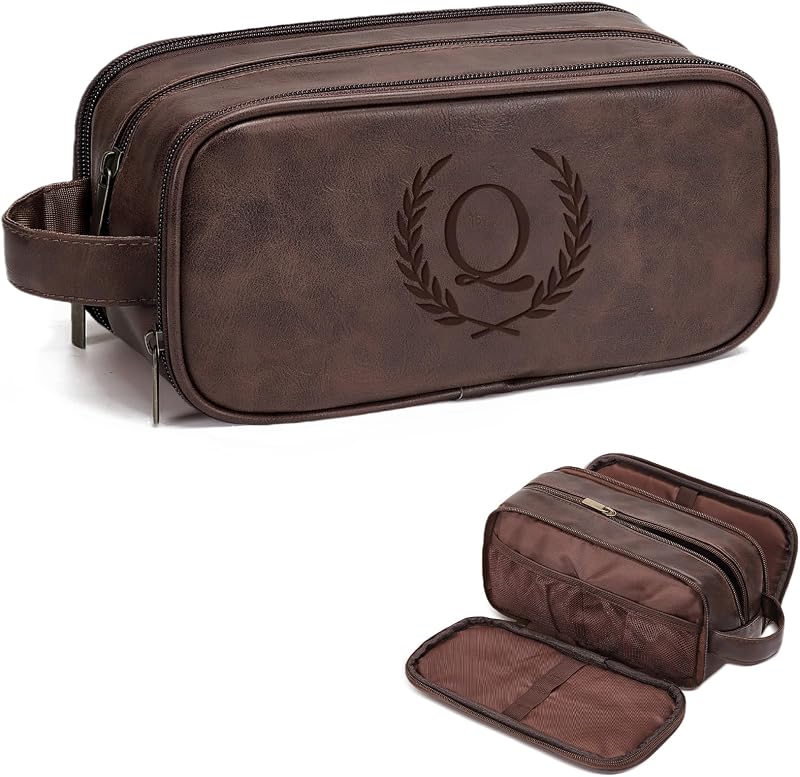 Necessaire de viagem Janhavi em PU com iniciais gravadas, marrom-escuro Q
