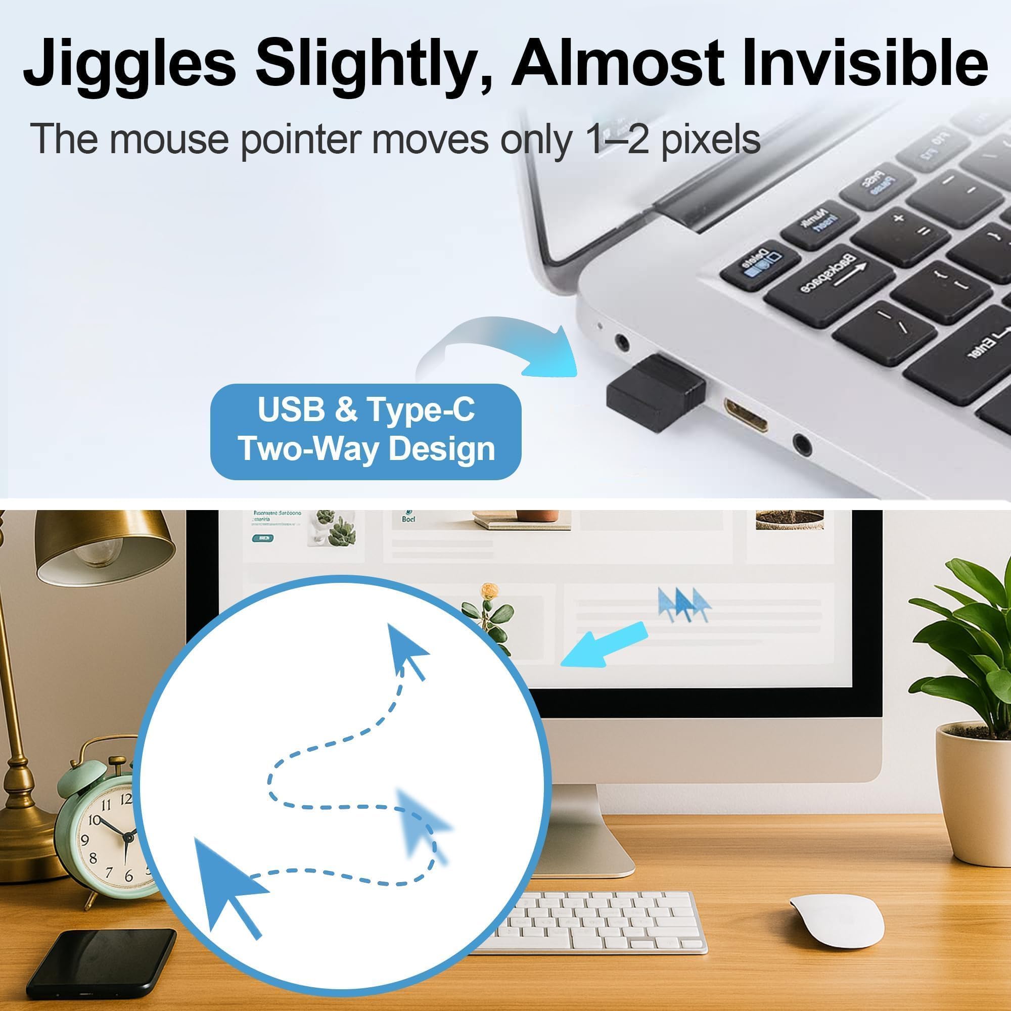 Mouse Mover Wiggler USB Type A & C Undetectable, Jiggler Anti Veille Ultra Slim, Simulateur de Mouvement Souris pour PC, Mac, Bureau, Télétravail, sans Logiciel ni Détection