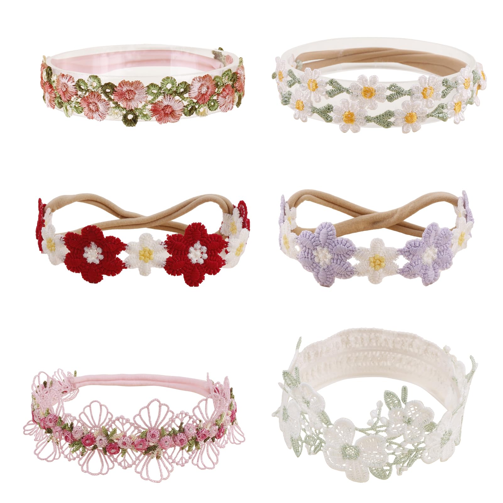 Cherrboll - Diademas con lazos de flores para bebé, 6 unidades, diademas florales de nailon, coronas, accesorios para el cabello para recién nacidos y niños pequeños