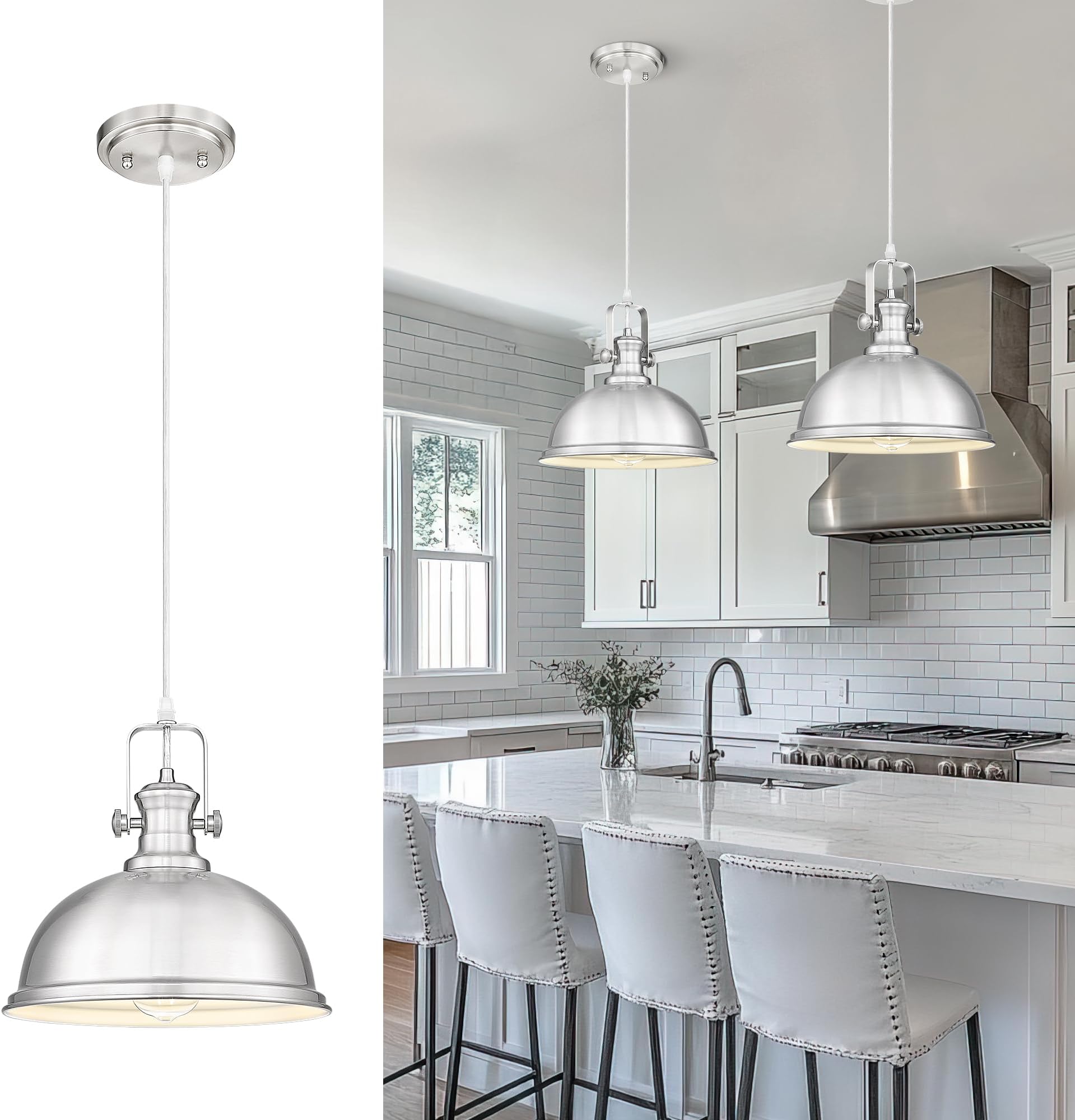 Pendant Lights Kitchen Island, Farmhouse Hanging Lights Fixtures with Metal Shade, Rustic Kitchen Pendant Lighting Over Island for Dining Room, Brushed Nickel, AD-2151-1PL-SN