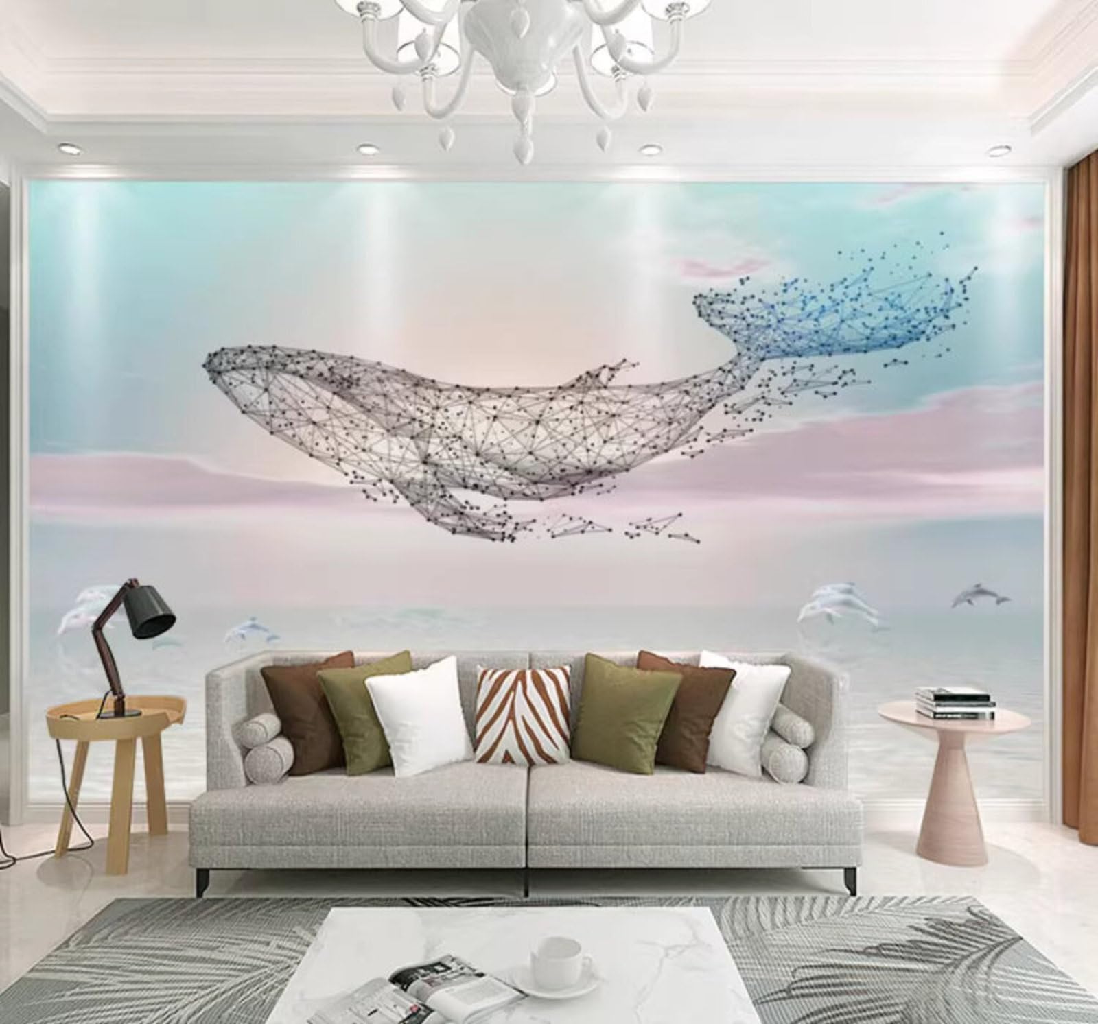 Three Dimensional Lines Whale Aesthetic Sky 3D Wallpaper Easy Install Feature Office Living Room Sofa Bedroom TV Background Wall Decoration-350cm×256cm