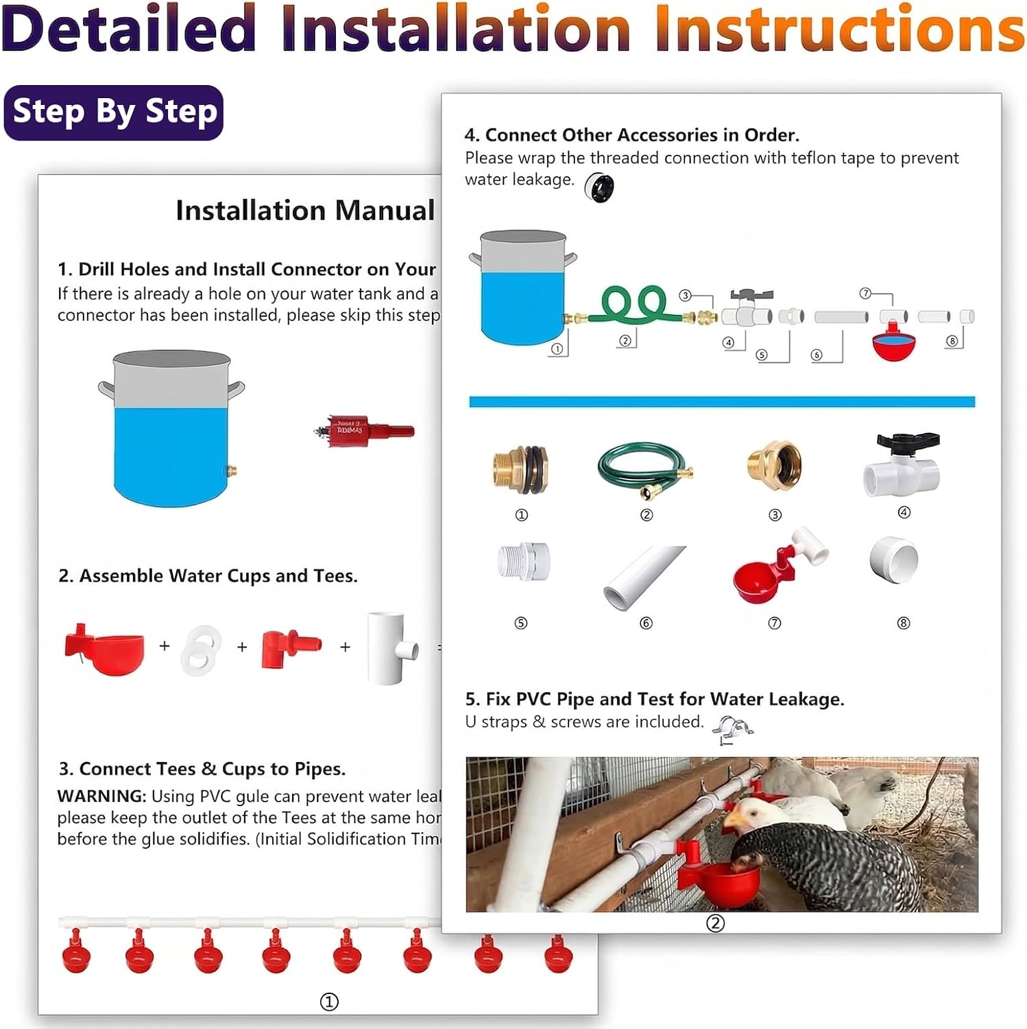 Automatic Chicken Watering System with PVC Pipe (Real Complete Set Pipeline) - 1/2" PVC Tee Fittings & Pipe & Garden Hose Connect to Water Tank, Automatic Poultry Waterer Feeder Kit