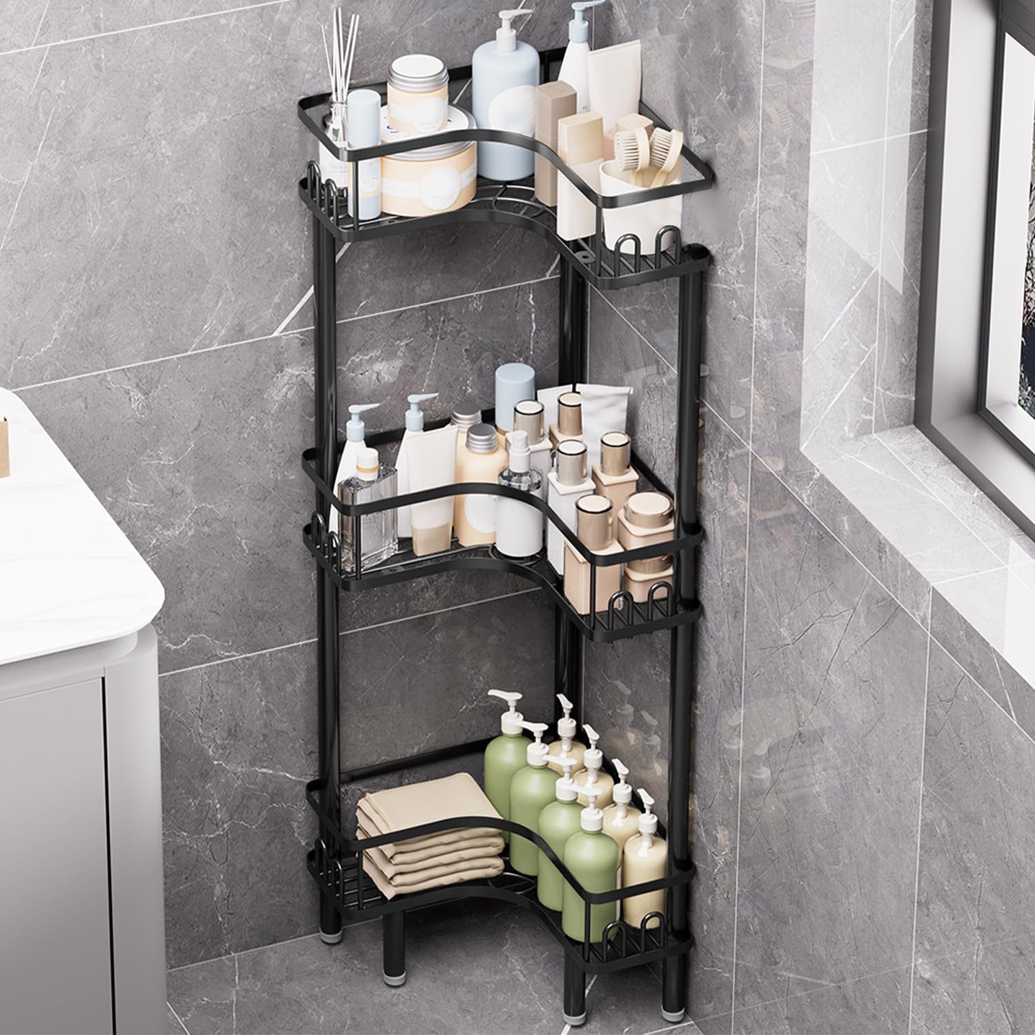 3 Niveles Organizador de Esquina de Piso con 4 Ganchos en Cada Estante de Ducha Estante de Ducha de Esquina Independiente Cesta Ducha para Baño Cocina (Negro)