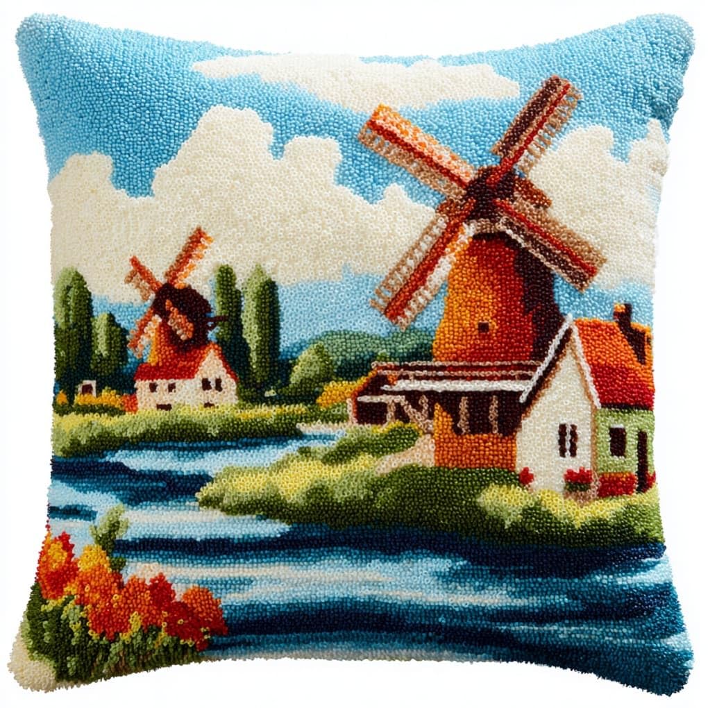 Latch Hook Pillow Kit For Adults,Windmill Fields 17X17In Latch Hook Kit For Pillow Cover With Instruction For Beginner Cross Stitch Sofa Cushion Cover With Crochet Yarn For Beginners And Home Decor