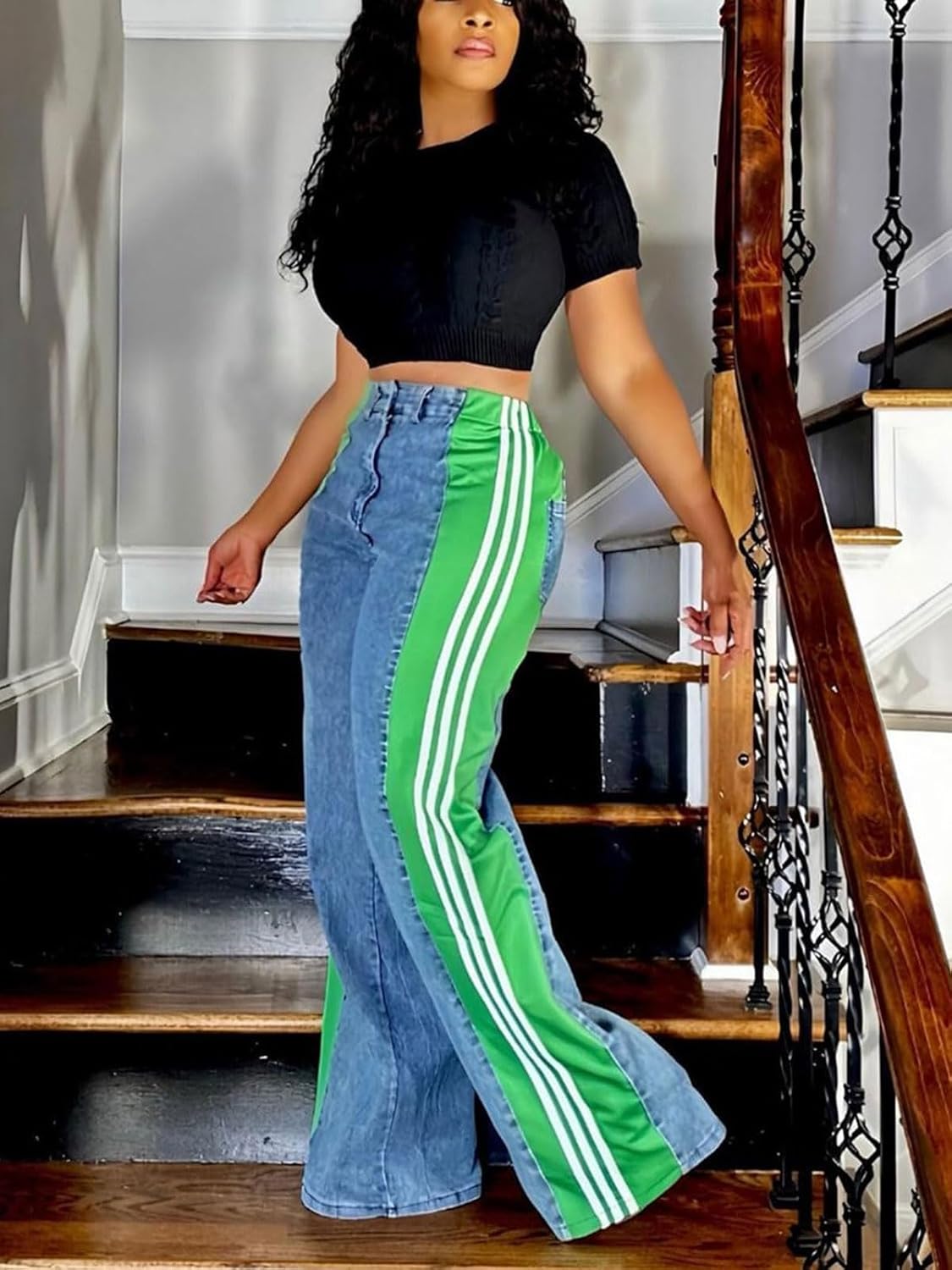 KANSOON Womens Jeans High Waisted Patchwork Side Stripes Color Block Stretchy Wide Leg Straight Trendy Denim Pants - Image 5