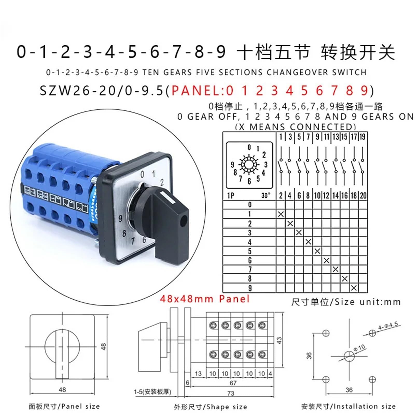 SZW26/LW26-20/0-9,5 przełącznik krzywkowy z regulacją fazy 10 pozycji 0-9 montaż na panelu 20 A 660 V 1 szt. (48 x 48 mm mały panel)