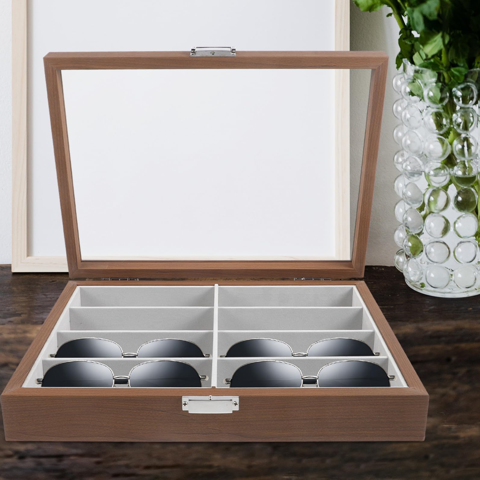 Boîte à Lunettes en Bois 8 Emplacements et Feutre, Organisateur Espace Gain de Place pour Maison ou Fête Estivale