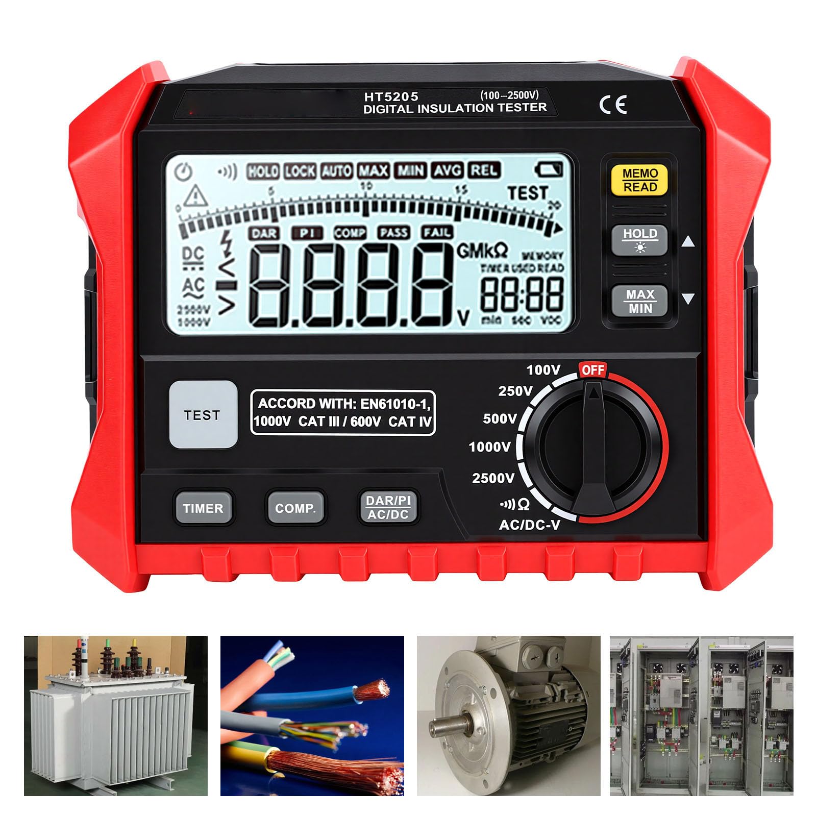 JTLB Testeur de Résistance D'isolation, Mégohmmètre 100 V-2500 V avec Fonction DAR PI, Tension AC DC jusqu'à 1000, pour la Vérification de la sécurité de la Maintenance électrique