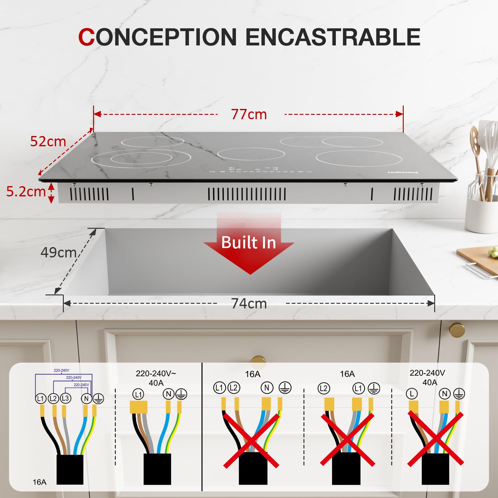 Piano Cottura in Vetroceramica 5 Fuochi, Piano Cottura Elettrico, 77cm, 8600W, 4 Zone di Cottura, 9 Livelli di Riscaldamento, Timer, Controllo Tocco, Sicurezza Bambini
