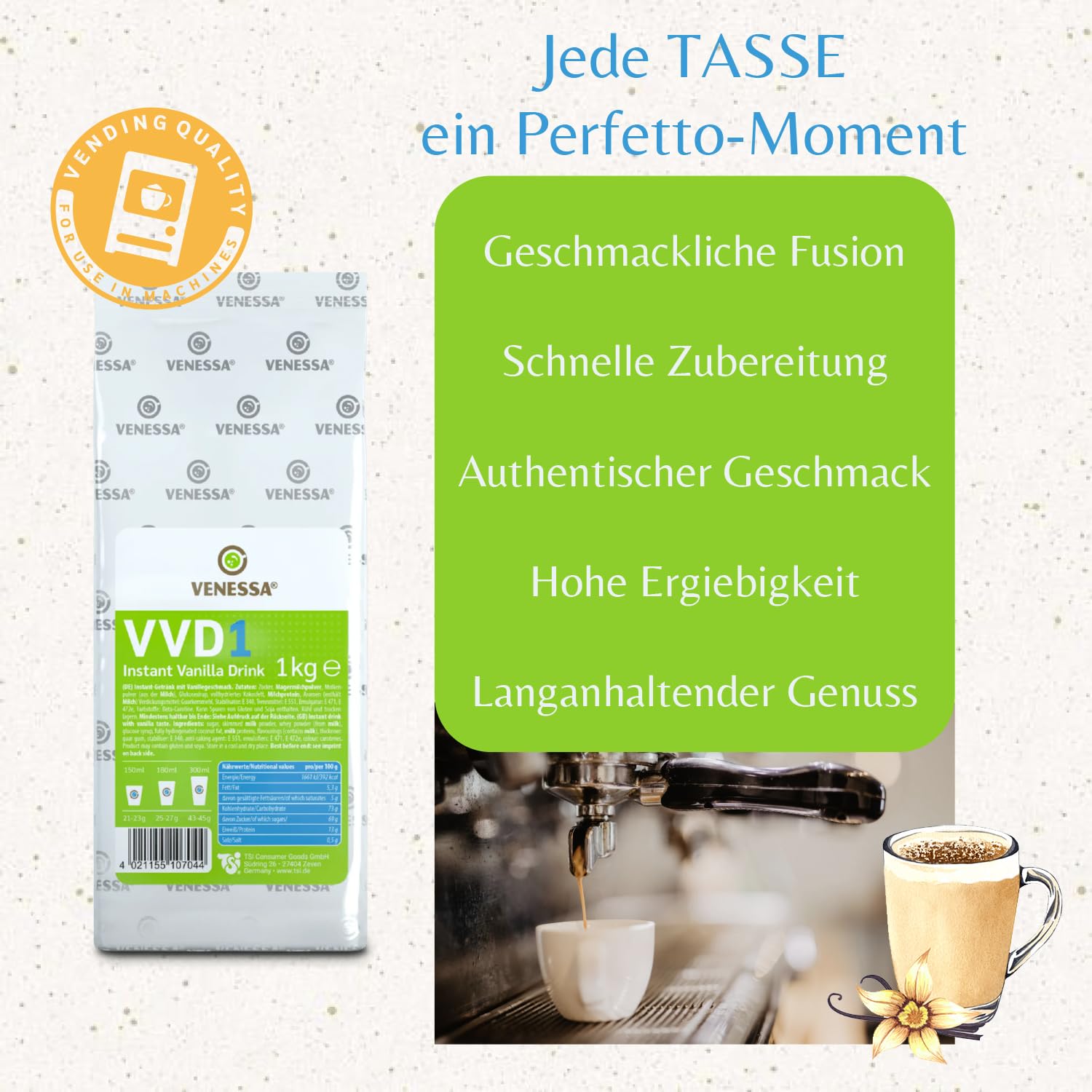 VENESSA Vanilla Drink VVD 1 Lot de 5 x 1 kg – Aromatiquement soluble, lait vanille en poudre avec note de vanille fine pour vos clients – Convient pour toutes les ventes