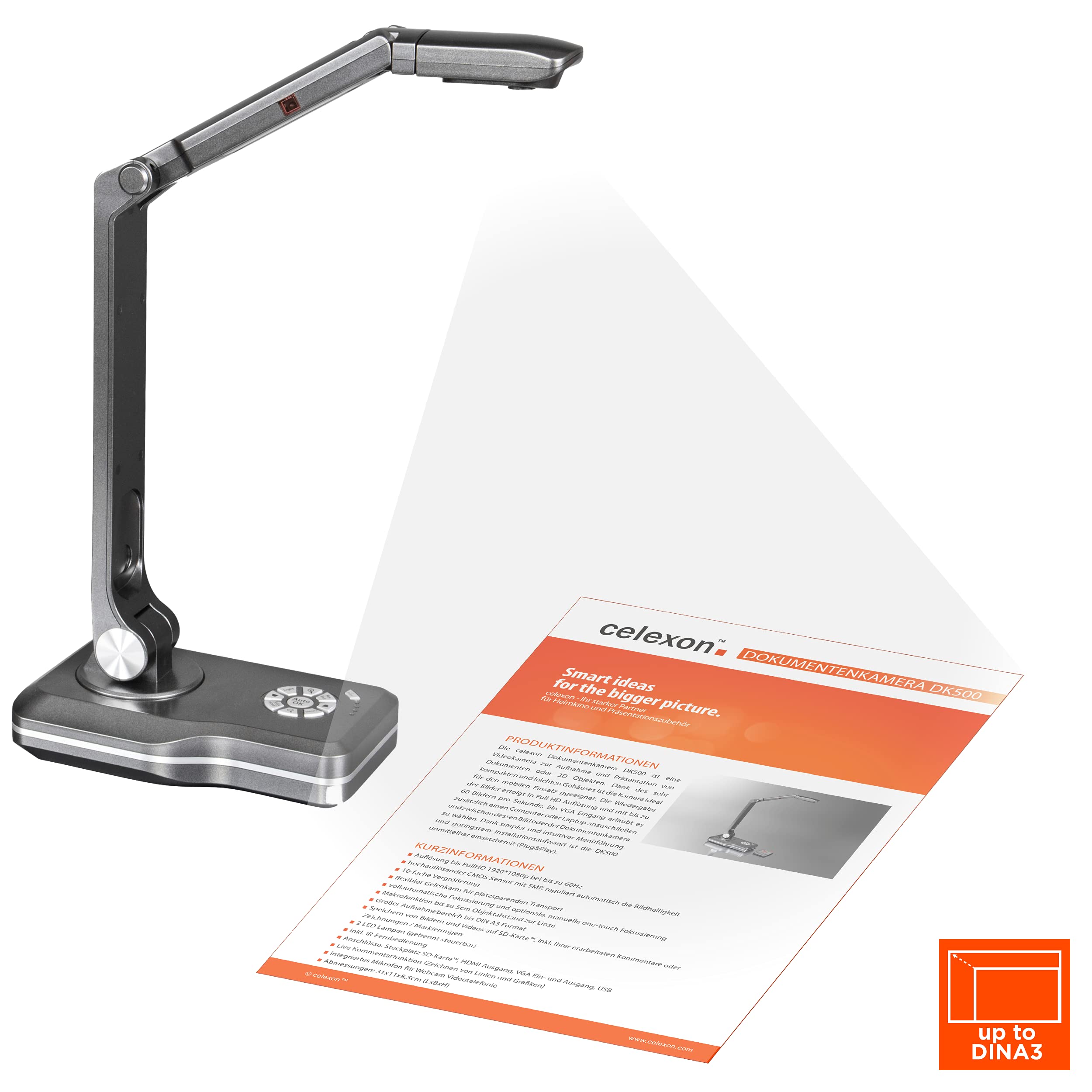 celexon Dokumentenkamera DK500 | Plug&Play in Full HD mit 5MP, 10x Zoom, OCR-Texterkennung | interaktive Präsentationen mit Mac OS & Windows per HDMI/USB/VGA | ideal für Schule, Büro & Videocalls