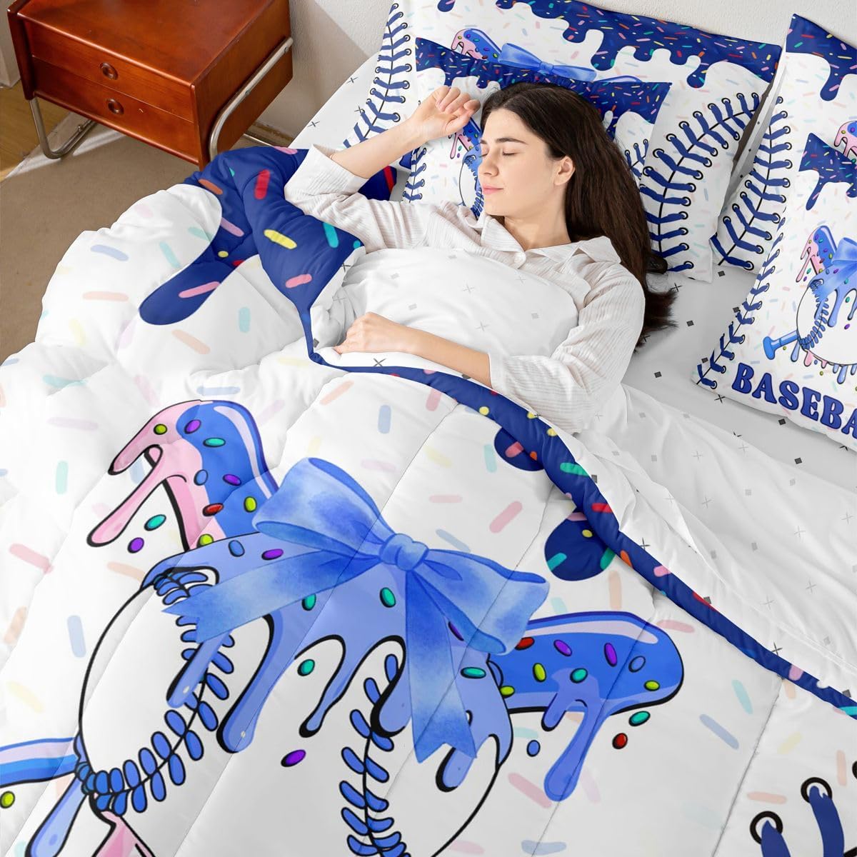 Erosebridal 7 Pcs Blue Ice Cream Drip Bedding Set with Sheets Twin Cute Bow Comforter Set for Girls Boys Teens Kids Coquette Room Decor Baseball Ice Cream Bed in A Bag Sports Gaming Bed Sets image 5