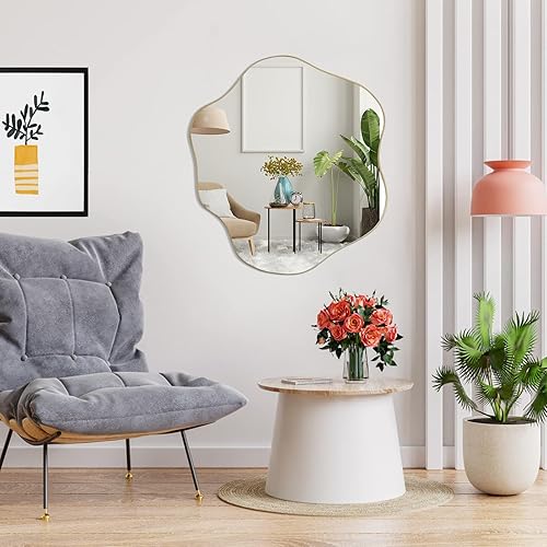 Miniatura 3 de Espejo irregular, espejo de pared asimétrico, espejos festoneados dorados de 30 x 26.8 pulgadas para sobre el fregadero, modernos espejos abstractos