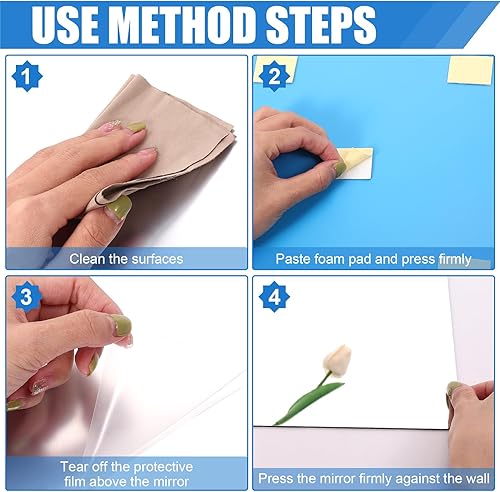 Miniatura 6 de Azulejos de espejo acrílico autoadhesivos, paquete de 6 hojas flexibles, calcomanías de pared de 12 x 16 pulgadas, sin marco de plástico, sin