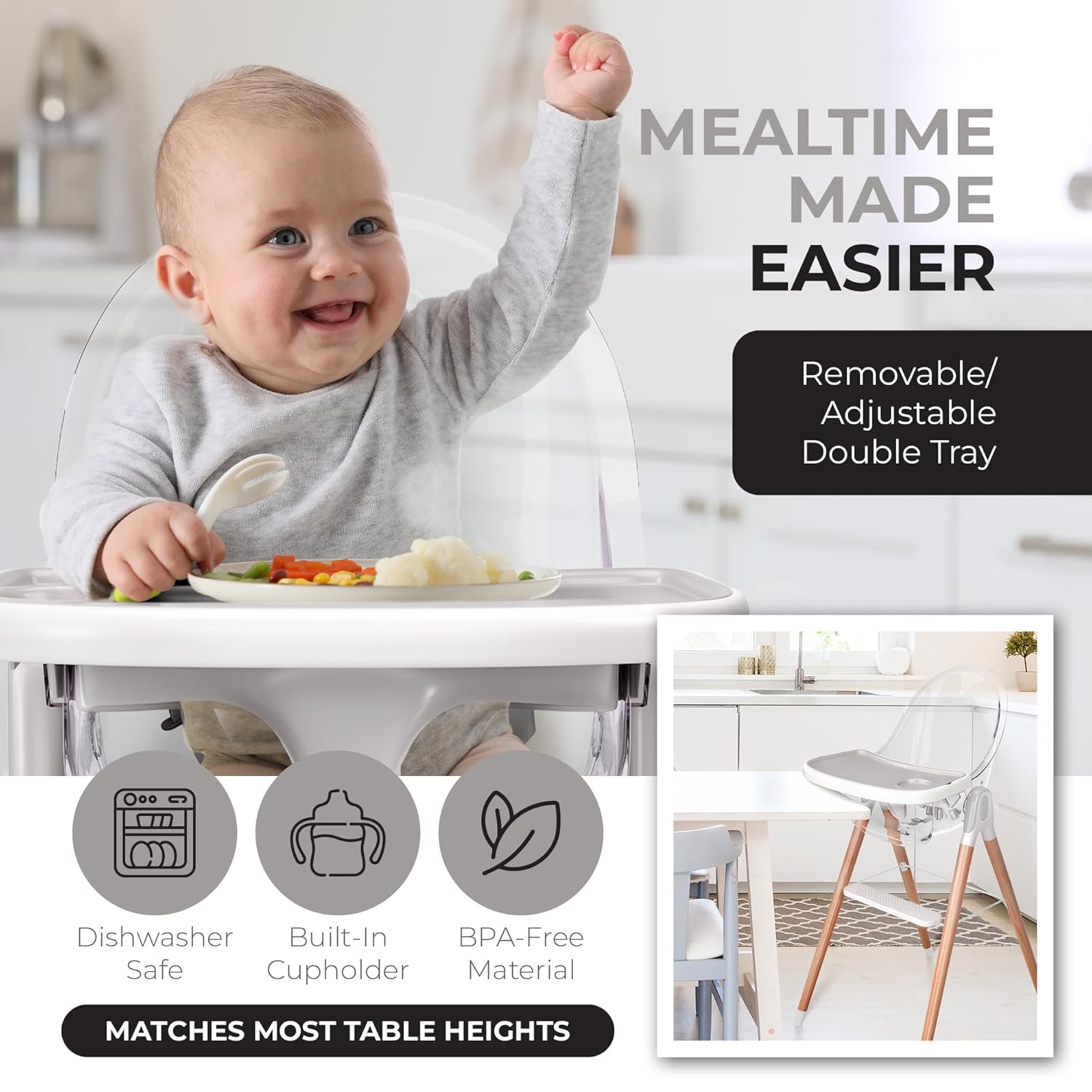 Children of Design 6 in 1 Deluxe Wooden High Chair for Babies & Toddlers, Modern Safe & Compact Baby Highchair, Easy to Clean & Assemble, Removable Tray, 6 Options 3 Seat Positions 2 Heights (Clear)