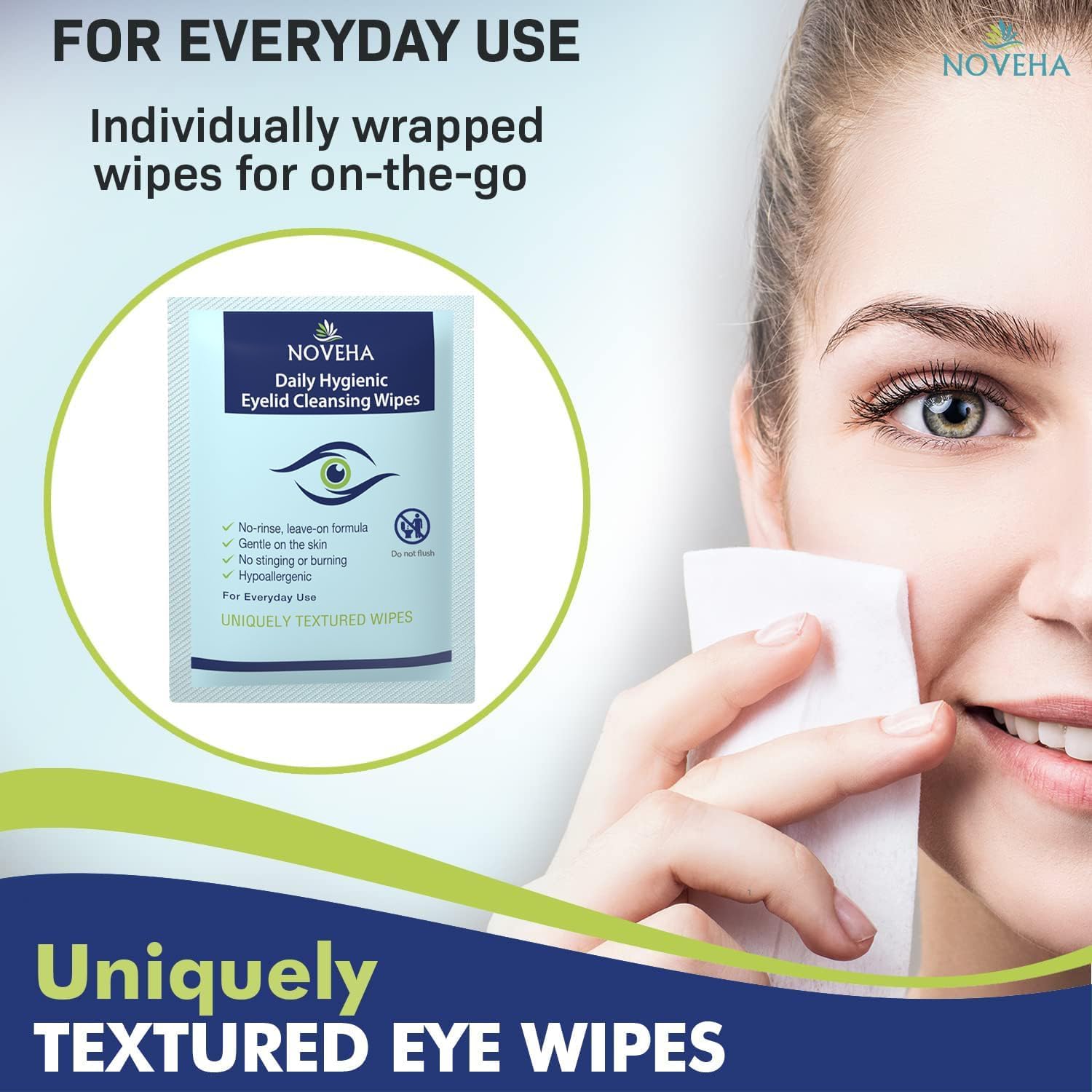 NOVEHA 180Pcs Daily Hygienic Eyelid & Lash Wipes | 120 Individually Wrapped Cleansing Eyelash Wipes - For Blepharitis & Itchy Eyes, Demodex and Natural Makeup Remover & Daily Cleanser (3 Pack) - Image 4