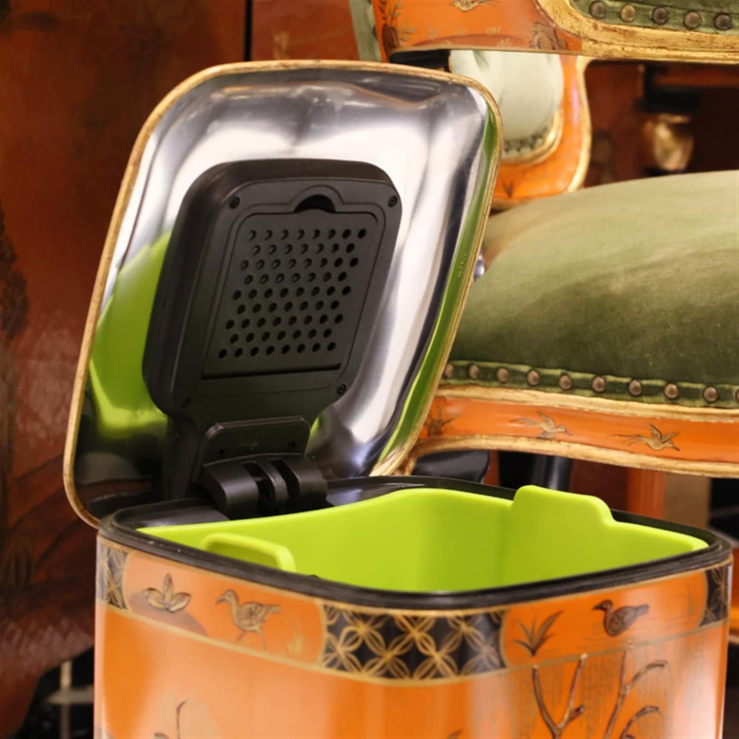 Waste Bin Elegant Household Trash Can Hand-Painted Colour Lacquered Gold Leaf Trash Can Luxurious French Pedal Trash Can 9.4 x 12.9 x 15.7 Inches Waste Basket (Colour: Orange)