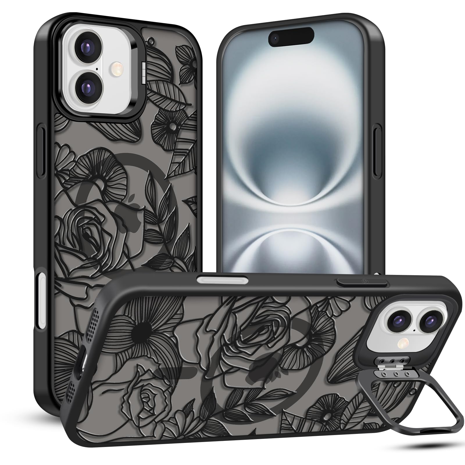 TQLGY Magnetic for iPhone 16 Case, Translucent Matte Back Floral Line Rose Phone Case for Women, Compatible with MagSafe, Built-in Stash Stand,