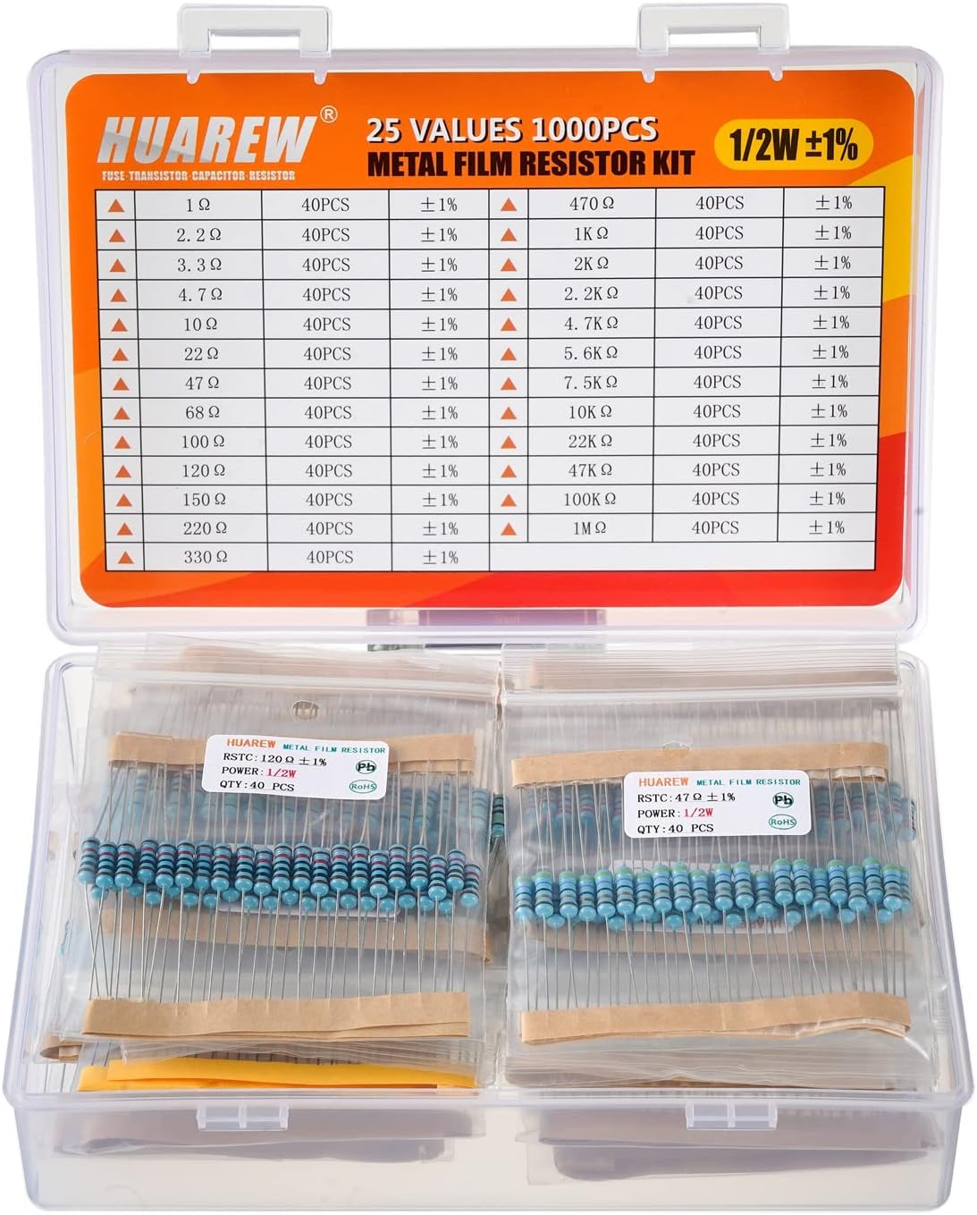 1000 pieces 25 values resistance kit 1 ohm-1 meter ohm with 1% 1 / 2W metal film resistors assortment