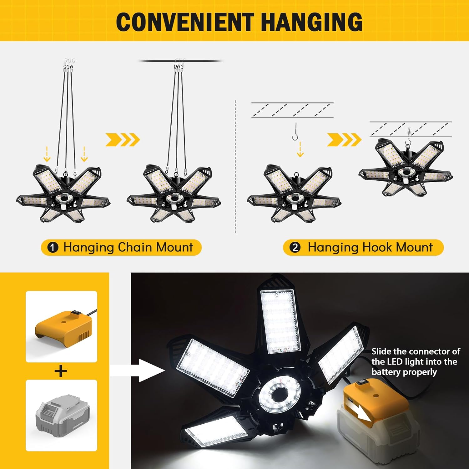 LIVOWALNY LED Work Light Compatible with Dewalt 20V Battery, 68W 6800LM LED Garage Flood Lights with 6+1 Deformable Panels, Battery Powered Pendant Ceiling Light for Shed Workshop Garage Home