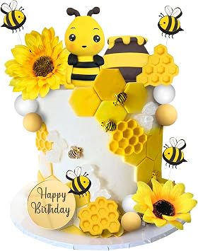 17PCS Bee Cake Toppers Happy Bee Day Honeycomb Birthday Cake Decorations