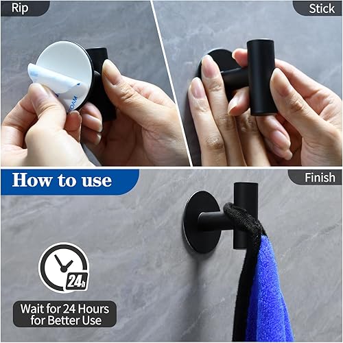 Miniatura 6 de Paquete de 4 ganchos adhesivos negros mate, acero inoxidable para dormitorio, cocina, hotel, oficina