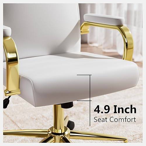 Miniatura 5 de Silla de oficina blanca y dorada de espuma viscoelástica, sillas de escritorio de cuero blanco con ruedas y brazos, silla de oficina ejecutiva de