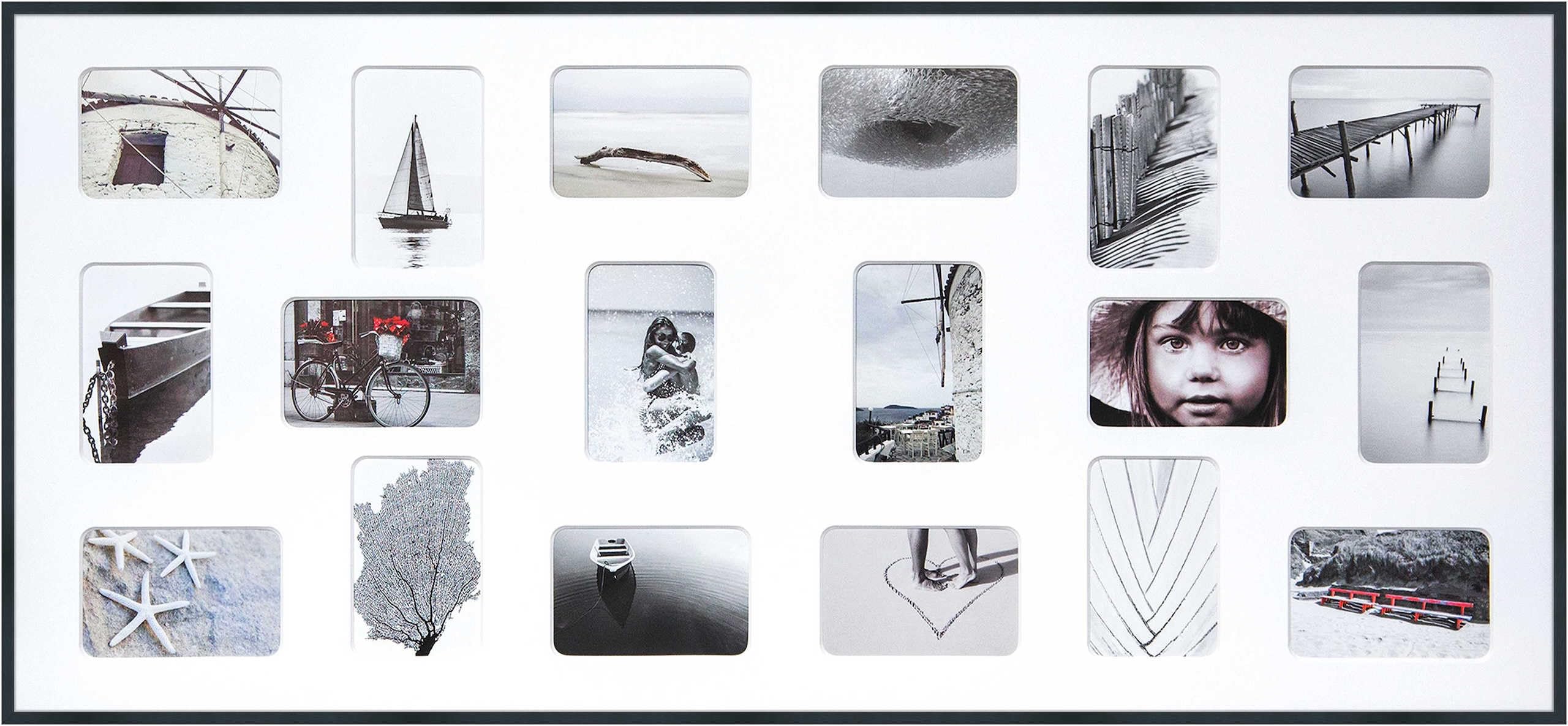 DEHA Design Collagerahmen mit Passepartout, 109,2 x 49,5 cm, Aluminium, Schwarz matt, Collage mit 18 Bildern zum Aufhängen im Hoch- & Querformat, bruchsicheres Kunstglas, Tribeca