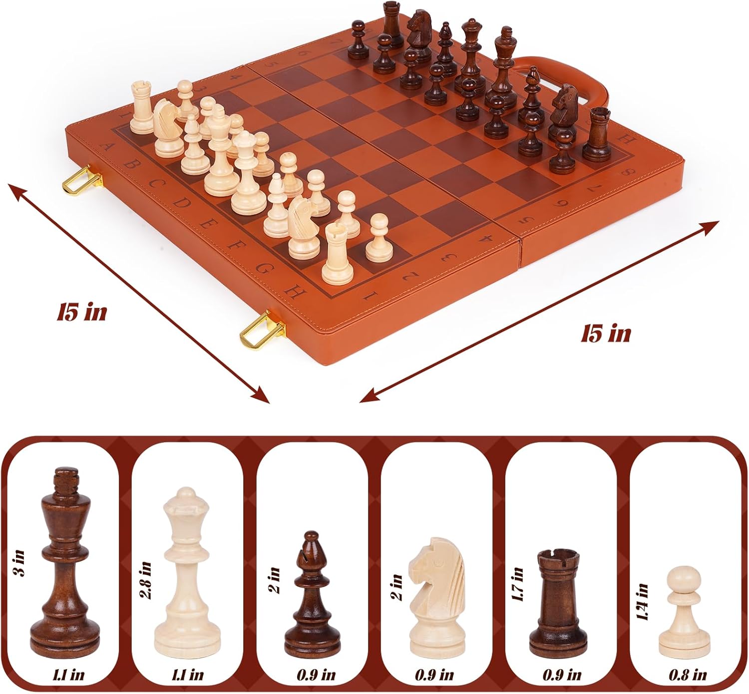 15 Inch Magnetic Chess Set with Leather Chess Board & Handle – Portable Travel Chess Game with Wooden Pieces, Strong Magnetic Board, Includes 2 Extra Queens, Classic Gift for Adults & Kids (Brown)