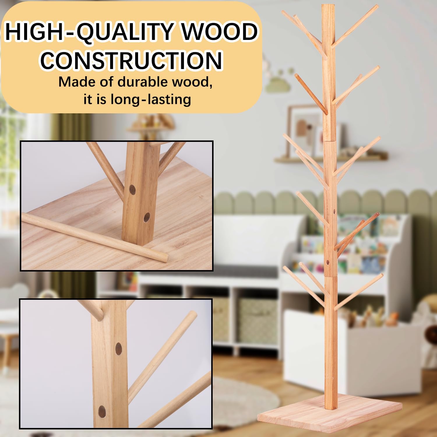 Wooden Puppet Stand for 15 Puppets – Hand Puppet Display Tree with 15 Pegs, Space-Saving Organizer for Classroom, Playroom, Daycare or Home Use – Natural Wood Puppet Holder Rack