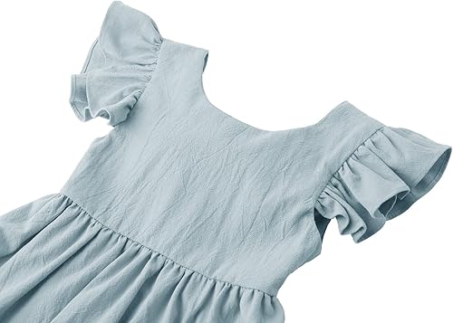 Miniatura 3 de Dutebare Vestido para niñas pequeñas de algodón y lino con volantes en la espalda, sin mangas, vestidos casuales de fiesta para niños