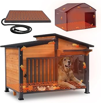 GUTINNEEN Large Heated Dog House Outdoor Insulated Dog Kennel Weatherproof with Safe Heating Pad, Chew-Proof Metal Frame, Rotatable Spill-Proof Bowl for Large Dog Breeds, 39.7" L x 25.5" W x32.2 H