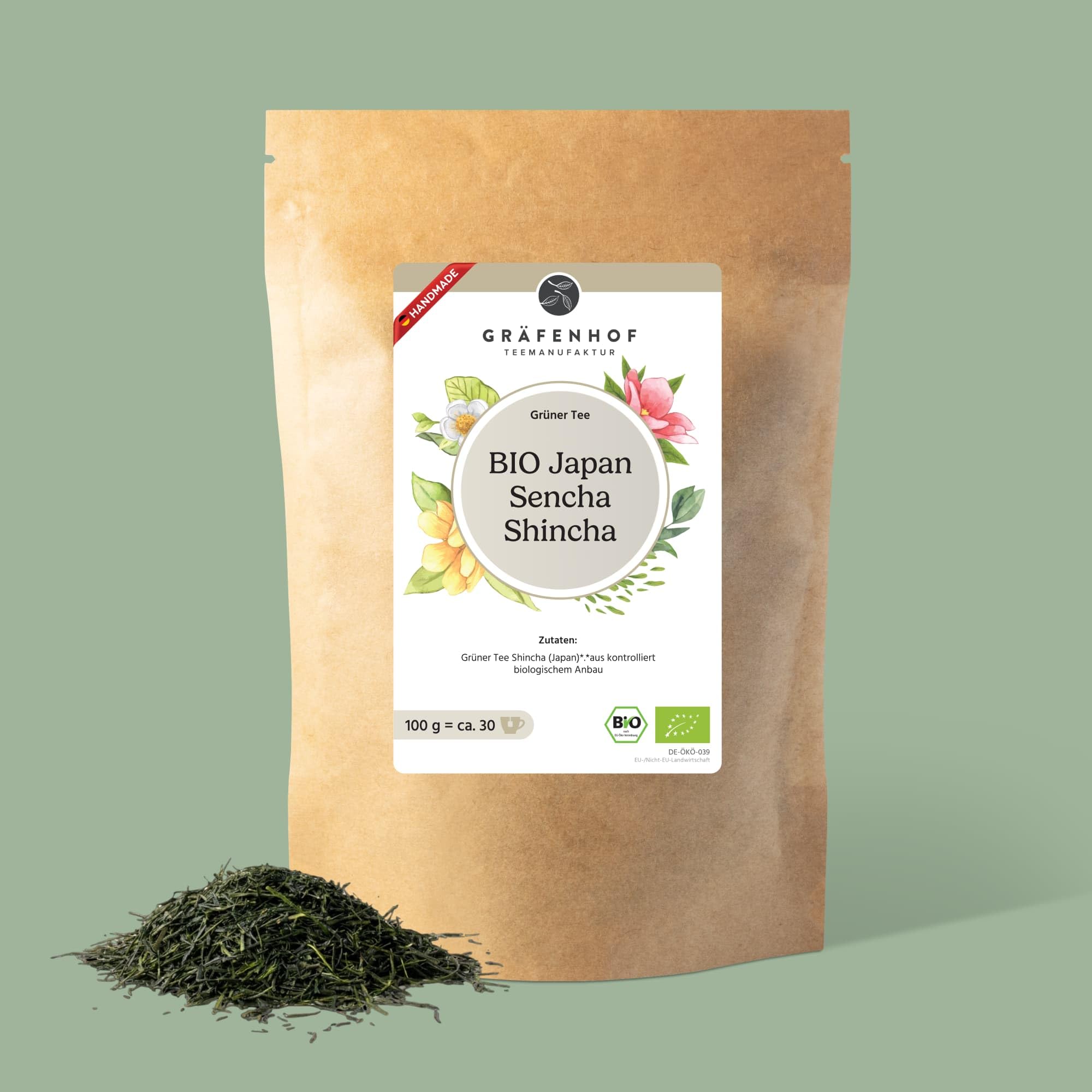 Gräfenhof Japan Sencha Shincha Bio, 100g loser Tee, aus 100% japanischem Shincha der ersten Ernte, frisch & umami, mit natürlichem Koffein, Premium Qualität, in DE abgefüllt