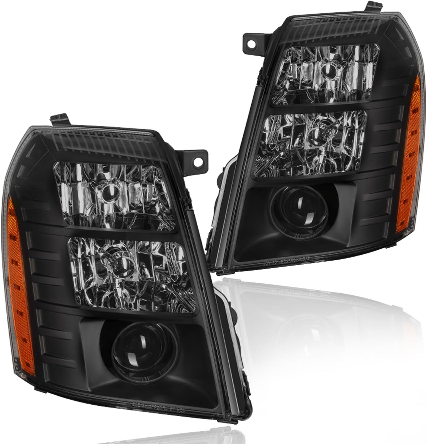 Headlight Assembly, Headlights Kit Compatible with 2007-2014 Cadillac Escalade/2007-2014 Escalade ESV/2007-2013 Escalade EXT Replacement Headlamp Black Housing Amber Reflector