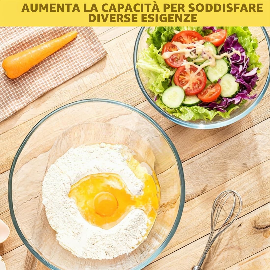 Set 3 Ciotole in Vetro Borosilicato con Coperchio Ermetico, 1050ml+2700ml+4400ml Senza BPA Resistente al Calore Impilabili per Cottura Forno Conservazione e Pranzo