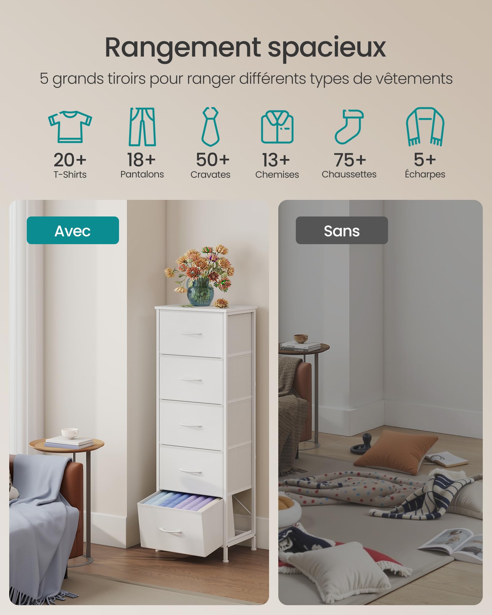 SONGMICS BELLAH Collection - Commode, Meuble de Rangement pour Chambre, Couloir, Entrée, Salon, Cadre en Acier, 5 Tiroirs, Style Moderne, Blanc Nuage et Blanc Neige LGS315WH01