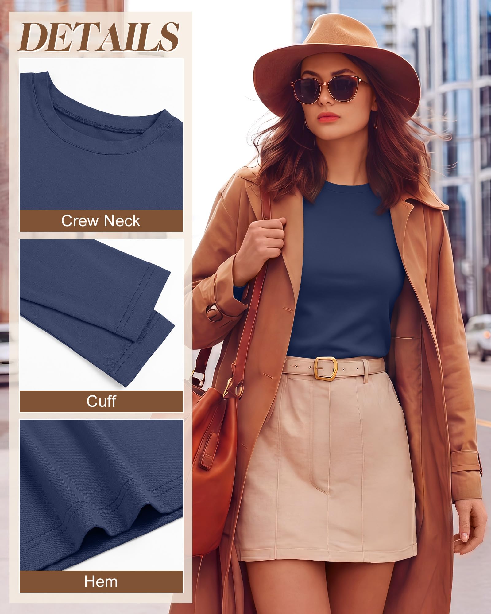 Riyiper 3er Pack Langarmshirts für Damen Baumwolle Rundhalsausschnitt Oberteile Schmal Geschnitten Dehnbar Lässig Basic