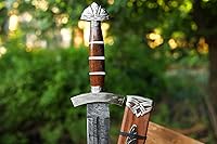 Vista 3 de Qepaa Crafts® Espada de acero damasquino hecha a mano estilo vikingo real Hoja de filo completo con mango de madera y vaina Réplica medieval