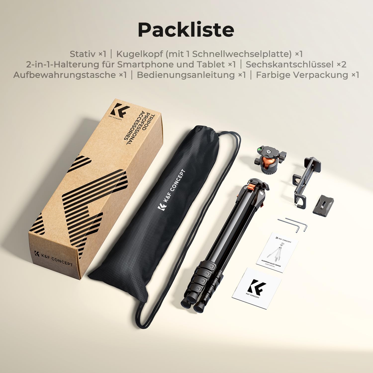 K&F CONCEPT Kamera Stativ Handy Stativ, Schwarz-Orange | Tripod für Smartphone mit Handy Tablet Halterung, Aluminium Reisestativ, Vorwärtsklappbar, 10KG+162CM, Kugelkopf A305A1+BH-40