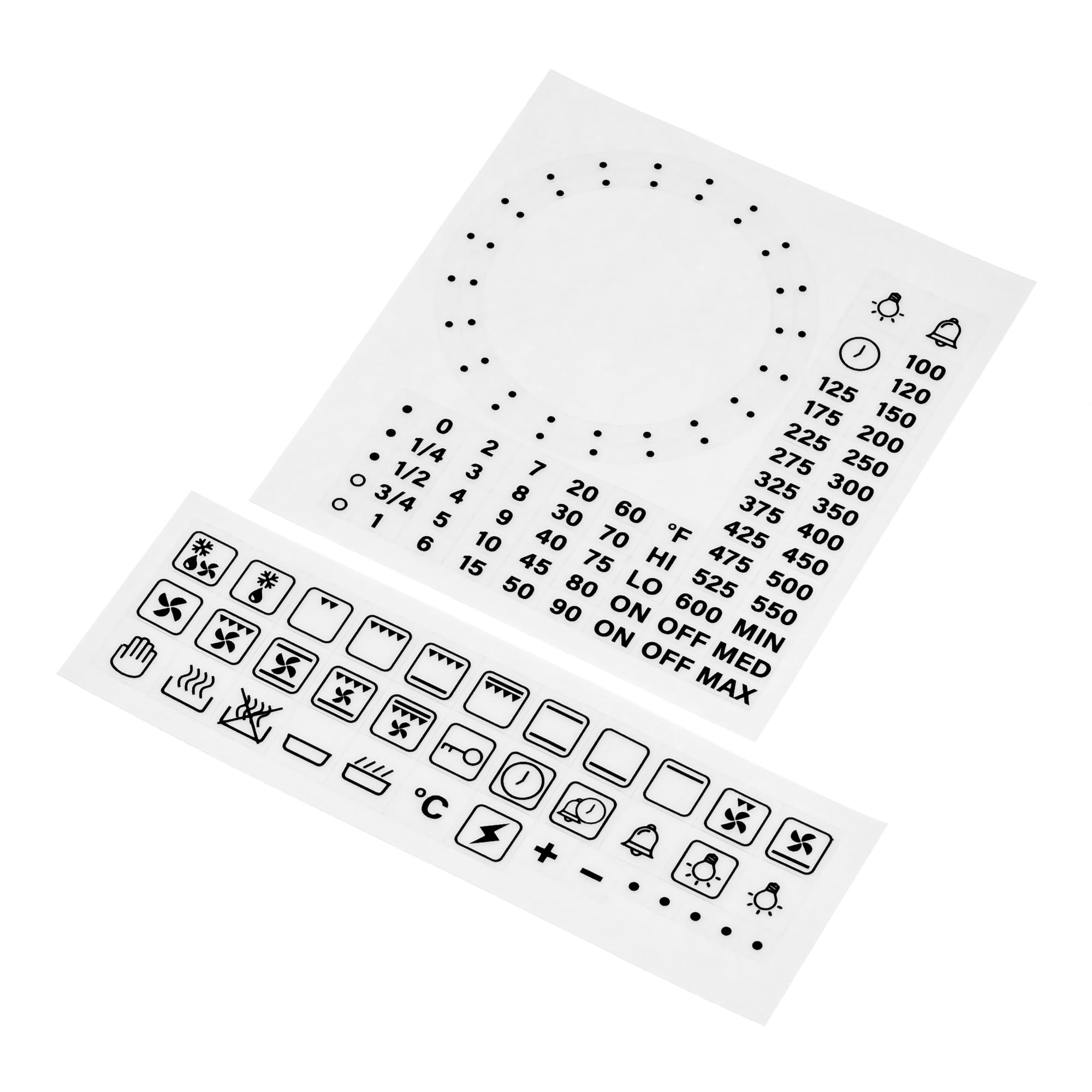 36x Symbols + 45mm 52mm Dotted Dial Separate Custom Timer Fahrenheit Oven Temperature Decal Control Panel Labels (Black Print Clear Adhesive) Replacement Sticker Temp Knob Electric Gas Grill