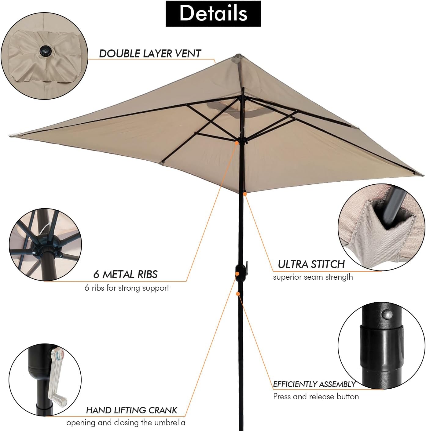 ontheway 6.5x10 ft Rectangular Patio Umbrella, Outdoor Market Table Umbrella with Hand Crank, Rust-Resistant Frame, 6 Steel Ribs, Swimming Pool, Garden, Courtyard, Lawn