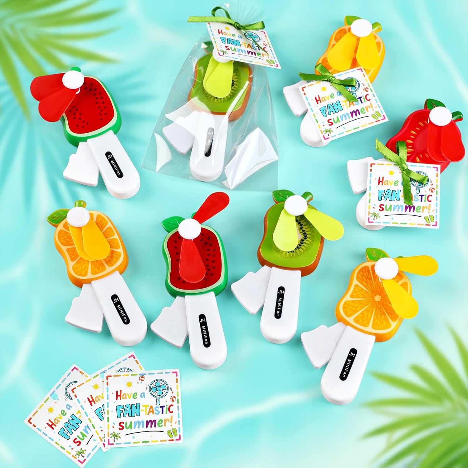 Fumete 24 Pack End of Year Student Gifts Mini Portable Hand Fans with Gift Tags & Ribbon, Fruit Theme Press Cooling Fans Bulk, Classroom Party Favors, Summer Event Giveaways